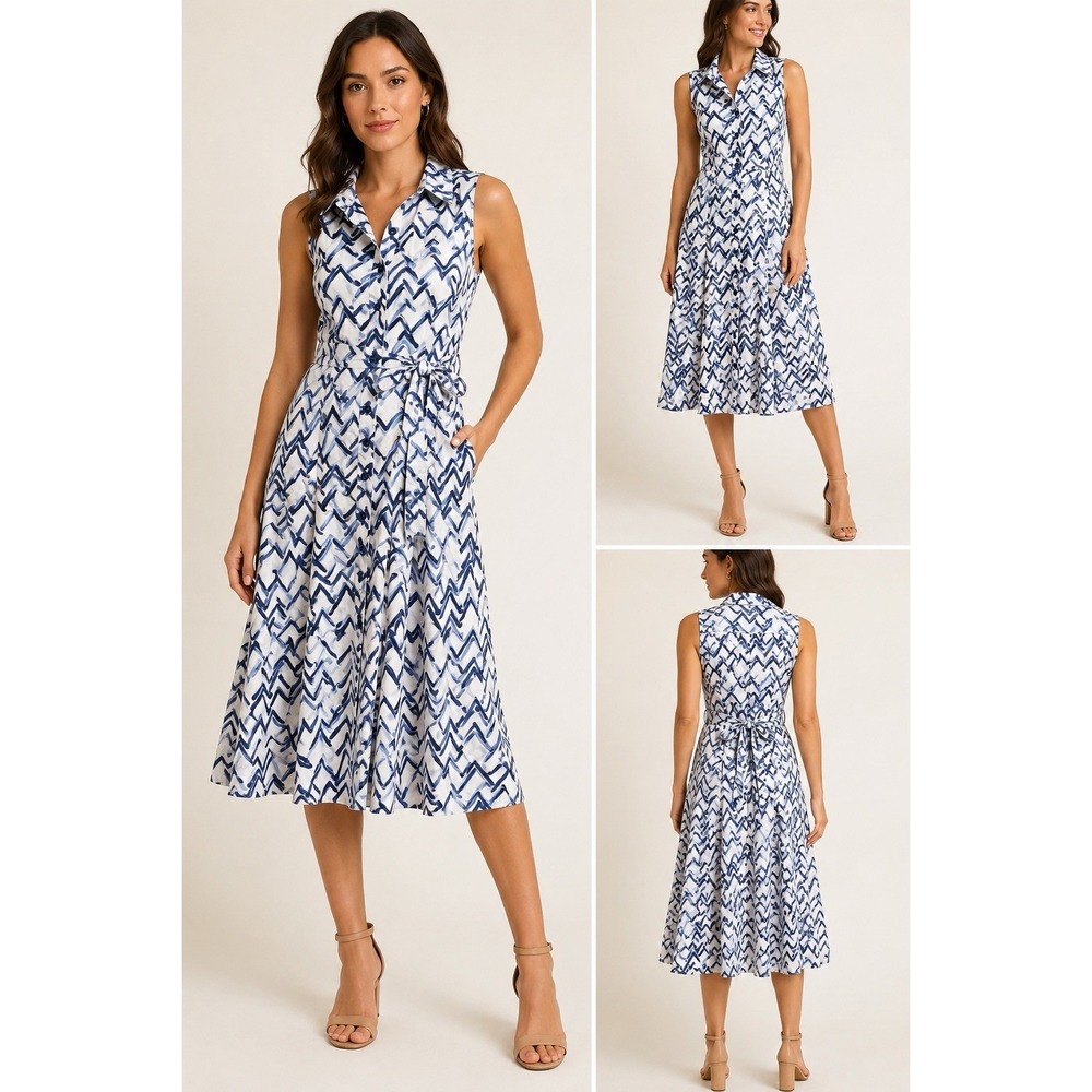 NIC+ZOE Blue White Abstract Chevron Print Button Front Midi Dress Size Small